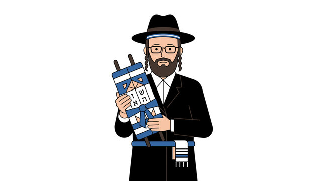 Orthodox Jewish Man Holding Torah Scroll with Hebrew Letters, Religious Celebration