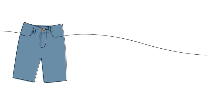Blue denim bermuda shorts with front pockets, belt loops, button closure and zipper fly in continuous one line style. Minimal fashion illustration isolated on a light background.