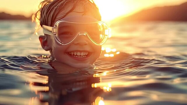 Adorable child wearing swimming goggles and smiling with joy while bathing in the ocean during a beautiful golden sunset, representing a carefree summer vacation and pure childhood happiness