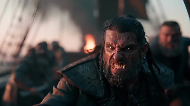 Europe medieval lifestyle. A dramatic, actionpacked scene depicts a fierce orc warrior in the foreground. The orc has a rugged appearance, a long beard, and piercing blue eyes. He wears dark.