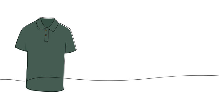 Dark green polo shirt with short sleeves, collar and button placket in continuous one line style. Minimal fashion illustration isolated on a light background.