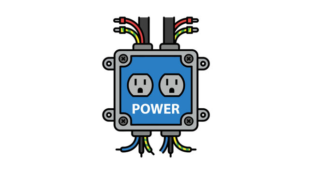 Electrical junction box with power outlets and wiring, concept of electricity and connection