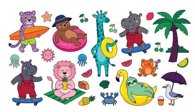 Cute tropical safari animals summer beach holiday cartoon vector character set. Leopard surfing, giraffe swimming, hippo skateboard, sloth floaty and palm tree stickers.