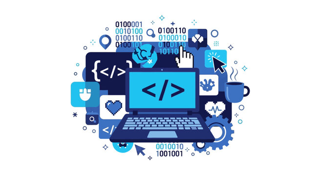 Software Development and Web Coding Concept Illustration with Laptop, Binary Code, and Programming Icons