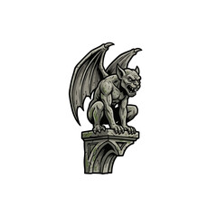 Gothic Winged Gargoyle Statue With Pointed Horns Fangs And Muscular Body Crouching On Weathered Stone Corbel Bracket Isolated On White Background Vector Illustration © illustra