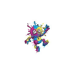 Fototapeta premium Colorful Graffiti Mascot Formed From Paint Splashes With Spray Can Eyes In A Dynamic Running Pose, Featuring Vibrant Blue, Yellow And Magenta Drips And Urban Street Art Vector Illustration