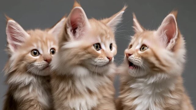 Three Cute Maine Coon Kittens Sitting Together on Grey Background