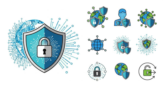 Digital Security Shield with Padlock and Global Network Icons.