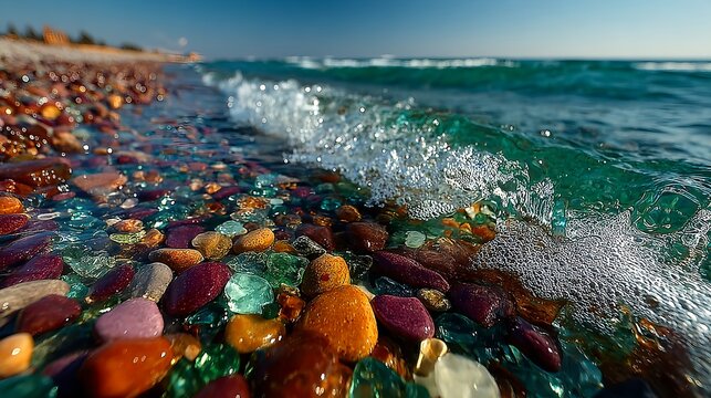 Ocean Wave Breaking Over Colorful Pebbles on Beach
