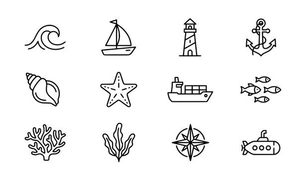 Sea ocean marine line icon set with wave anchor and ship vector symbols