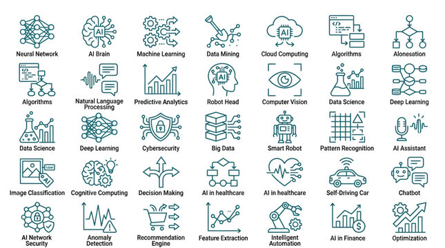 AI and Machine Learning Icons: Neural Networks, AI Brain, Data Science, Big Data & More