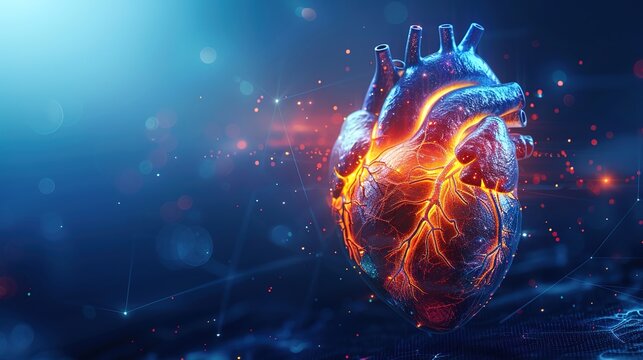 Detailed medical 3D anatomical illustration of Angina Pectoris showing narrowed coronary artery, myocardial ischemia, chest pain symptom, labeled heart structure educational diagram for cardiology