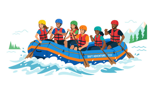 Teamwork rafting adventure, group paddling in rapid river with mountains