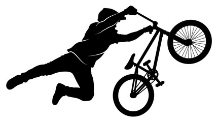 Naklejka premium Silhouette Bmx Rider Performing Jump Trick Extreme Sport Isolated Black White