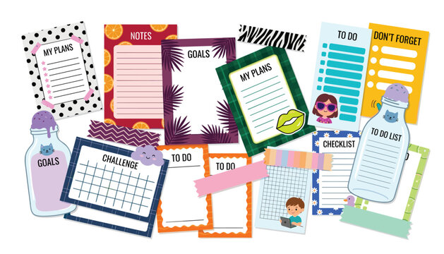 Cute printable planner page template and tracker sticker vector set. To do list, goals, notes, habit challenge, washi tapes, bullet journal and scrapbooking elements.