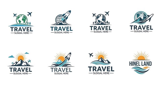 Collection of diverse travel agency logos with airplanes, globe, mountains
