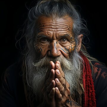 Wise Elder with Tattoos and Prayerful Expression