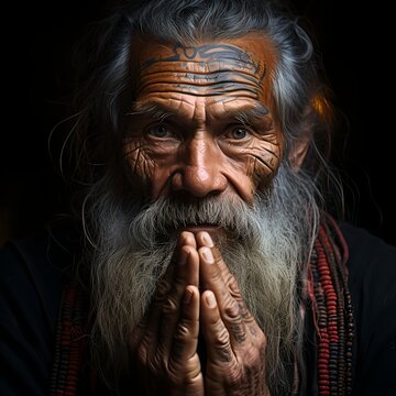 Wise Elder with Tattoos and Prayerful Expression
