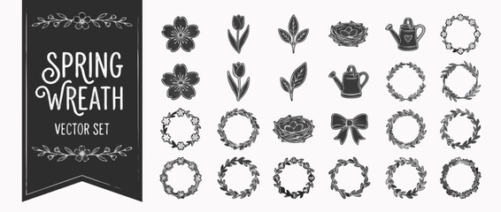Fototapeta premium Comprehensive collection of twenty spring wreath elements and floral frames in a hand-drawn chalkboard vector line style featuring elegant white strokes on a dark textured background backdrop.