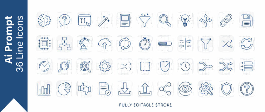 AI prompt workflow and iteration tools technical vector line icon set of 36 symbols for generative artificial intelligence engineering, machine learning modeling, and creative tech processes.
