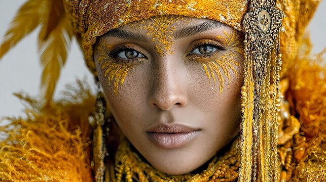 Woman with Golden Tribal Makeup and Ornamental Headdress