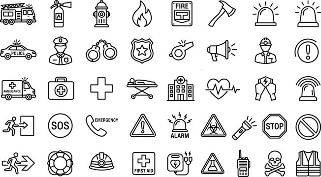 Emergency services and public safety line icons collection with emergency firefighter ambulance security extinguisher policecar handcuffs megaphone
