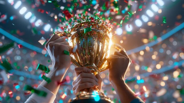 Golden trophy held high in celebration. 64k 8k widescreen, HDR,