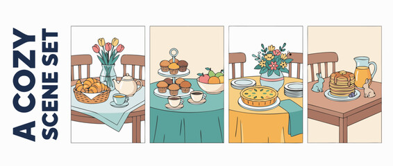 Naklejka premium Collection of four vector illustrations showing a cozy Easter brunch table setup with delicious pastries, fresh spring flowers, and festive decorations, perfect for seasonal lifestyle content.