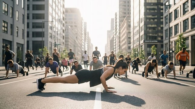 Participants join an outdoor fitness bootcamp on a car-free street, focusing on strength, endurance, and health.