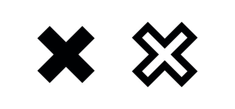 Multiplication sign or close icon, black and outline silhouette. Basic math symbol or UI element.