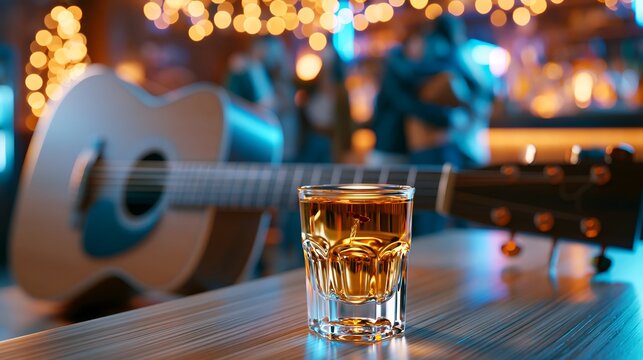 Golden whiskey in glass on wooden bar. 64k 8k widescreen, HDR,