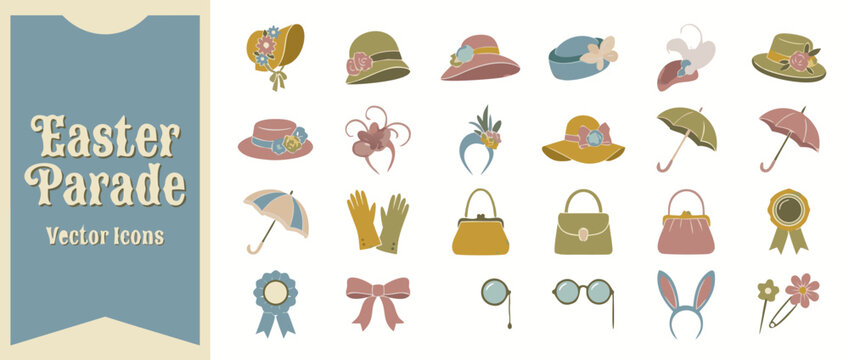 Comprehensive collection of 20 retro-style Easter parade hats and fashion accessories, featuring muted vintage tones and classic holiday designs for festive spring celebrations and greeting cards.