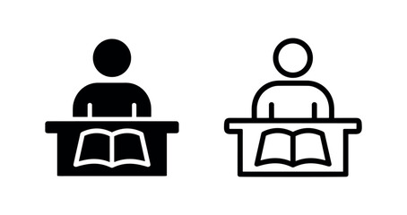 Fototapeta premium Student Studying Icon - Person at Desk with Open Book for Education and Learning