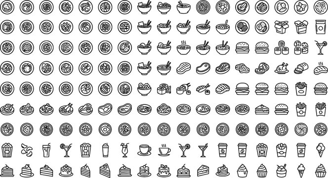 Set of food and beverage icons including various meal dishes drinks kitchen utensils culinary ingredients for restaurant menu or cooking app design