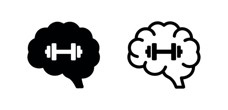 Brain with dumbbell icon. Mental health, brain training, and intellectual exercise symbol.