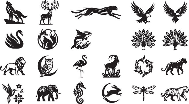 This collection features a comprehensive set of 20 minimalist, black and white animal logos and wildlife silhouettes. The vector graphics showcase a diverse range of creatures, including a howling wol