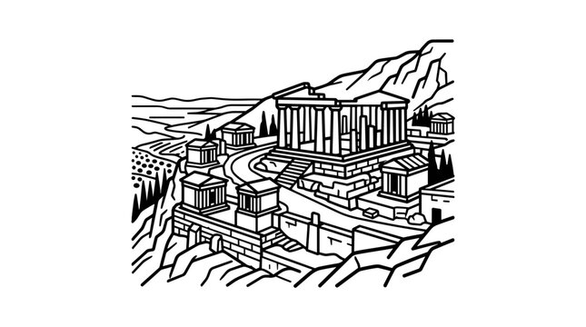 Ancient Greek Acropolis Architecture Landmark Illustration.