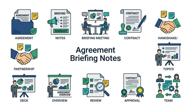 Business Agreement, Briefing, Meeting, Contract, Handshake, Teamwork Icons