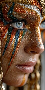 Blue and Gold Tribal Face Paint Close Up Portrait