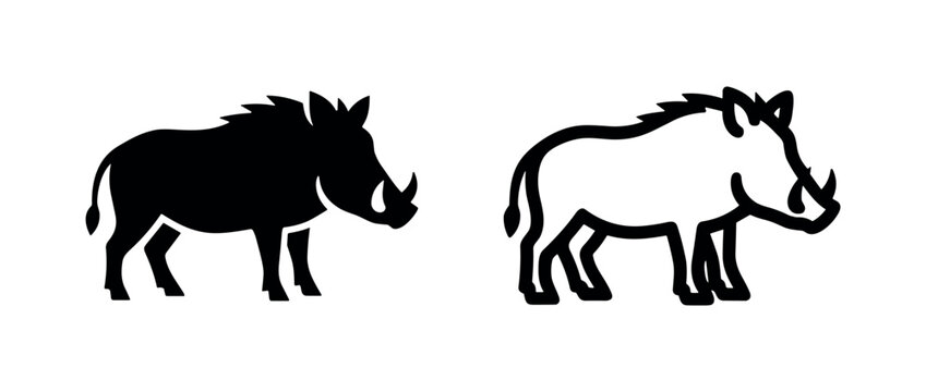Warthog Wild Pig Icon Set. African Animal Symbol in Solid and Outline Style.