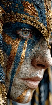 Blue and Gold Tribal Face Paint Close Up Portrait