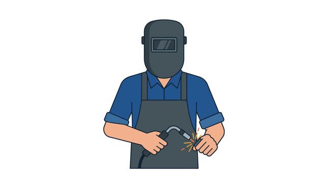 Welder wearing mask and apron, holding welding torch with sparks, illustration