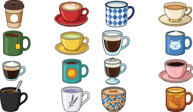 Coffee cup and hot beverage mug vector illustration set featuring espresso cappuccino latte matcha green tea and mocha isolated on plain white background
