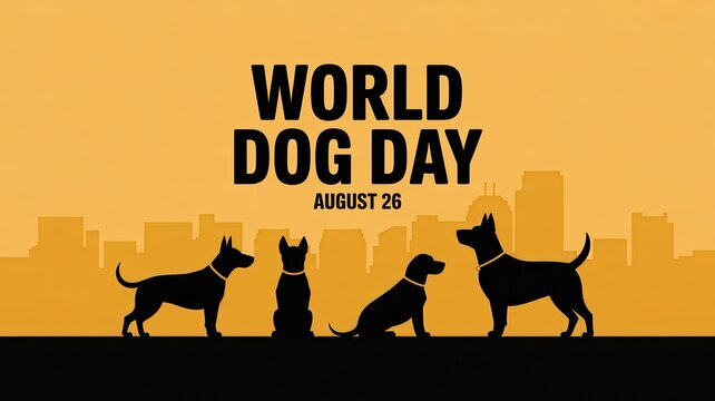 World Dog Day banner with dog silhouette and city skyline on August 26
