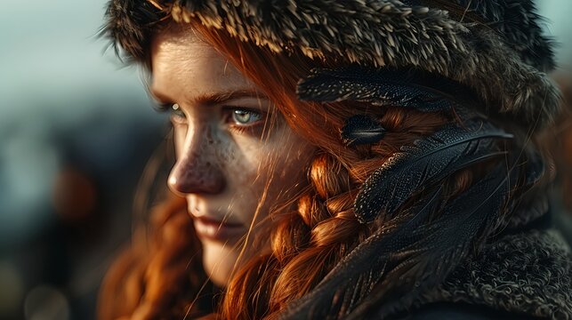 Intense Red Haired Warrior Woman in Feathered Hood
