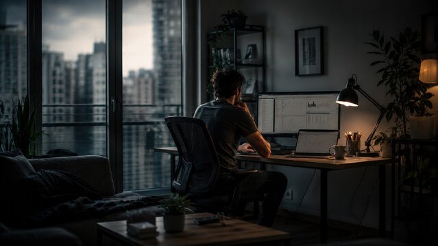 A man works alone on a laptop in a city apartment at night.