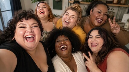 Fototapeta premium A diverse group of plus size women laugh together while taking a selfie indoors.