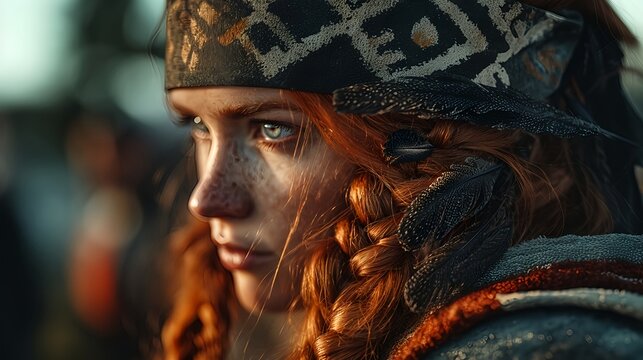 Intense Red Haired Warrior Woman in Feathered Hood