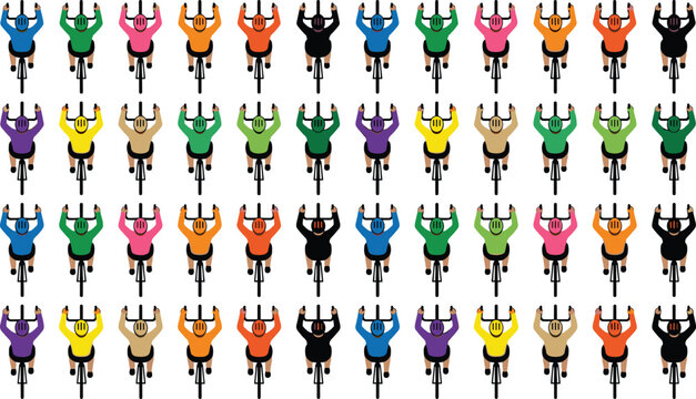 Top view cyclist vector illustration set featuring overhead perspective of cartoon bicycle riders wearing colorful shirts and helmets isolated on white background