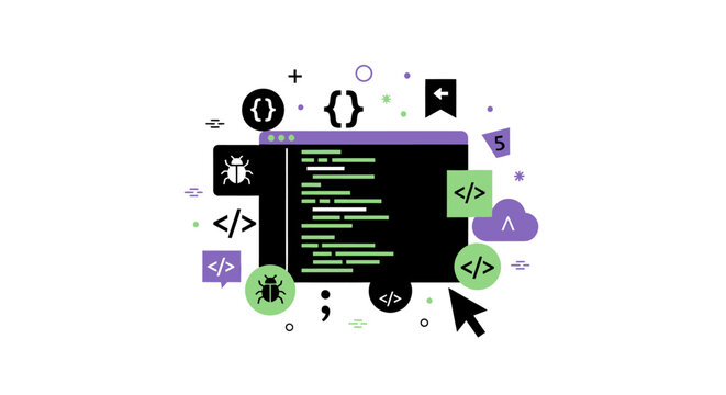 Modern Flat Vector Illustration of Software Development, Web Programming, and Code Debugging Concept